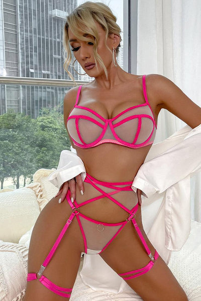 Hot Pink Beige Mesh Strappy Bra Thong Garter Belt 5Pc Lingerie Set - AMIClubwear