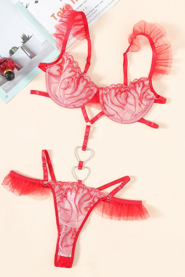 Red Ruffle Lace Heart Rings Strappy Thong Sexy Lingerie - AMIClubwear