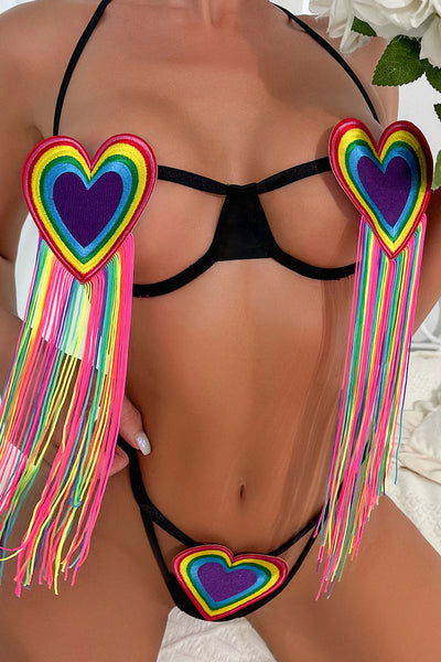 Black Rainbow Heart Fringe Patch Wired Cage Bra Thong 2Pc Lingerie Set