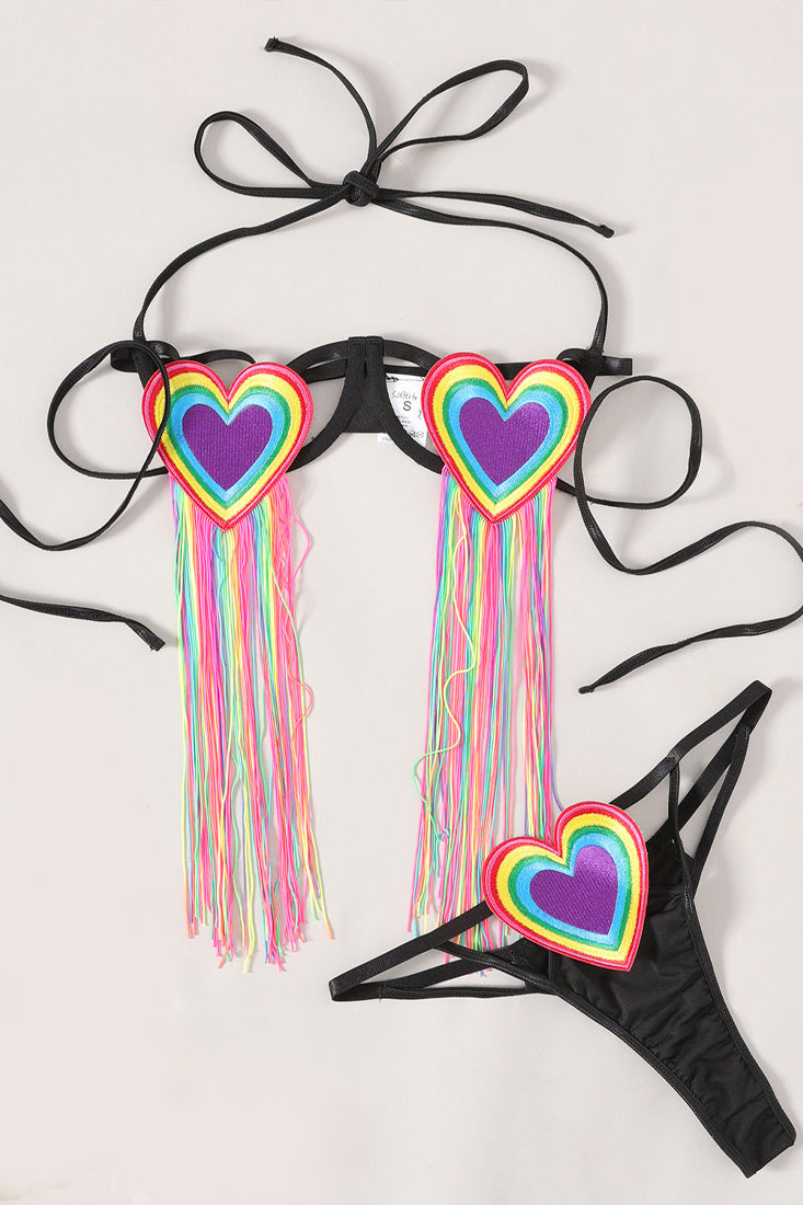 Black Rainbow Heart Fringe Patch Wired Cage Bra Thong 2Pc Lingerie Set