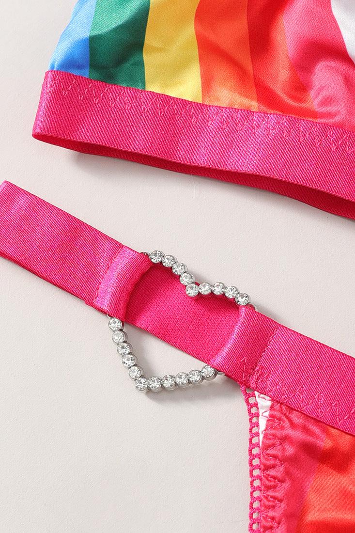 Pink Rainbow Satin Strappy Bling Heart Thong 2Pc Lingerie Set - AMIClubwear