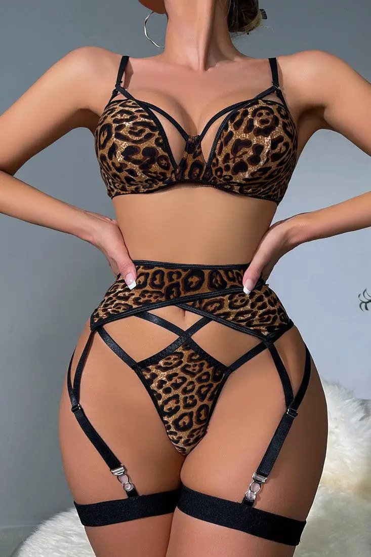 Leopard Print Black Strappy Bra Thong Garter Belt 5Pc Lingerie Set