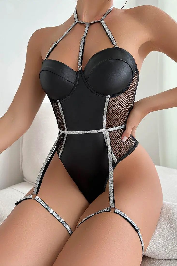Black Faux Leather Netted Halter Garter Sexy 2Pc Lingerie Set