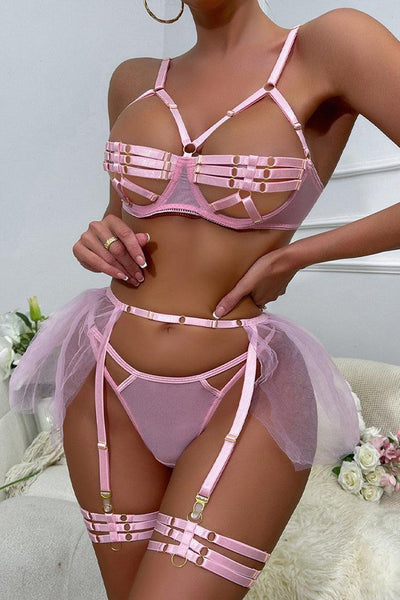 Light Pink Bandage Strappy Buckles Tutu Garter Thong 5 Pc Lingerie Set