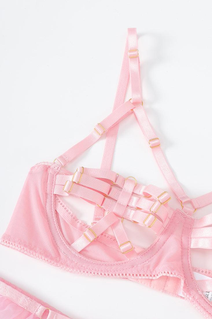 Light Pink Bandage Strappy Buckles Tutu Garter Thong 5 Pc Lingerie Set - AMIClubwear
