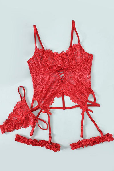 Red Lace Teddy Garter Thong 5Pc Sexy Lingerie Set - AMIClubwear