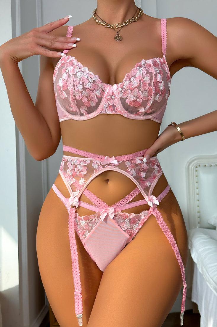 Pink Floral Embroidered Lace Bra Thong Garter Belt 3Pc Sexy Lingerie Set - AMIClubwear