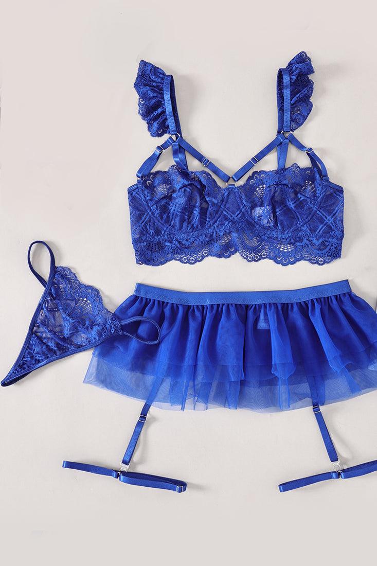 Royal Blue Lace Ruffle Strappy Tulle Garter Belt Thong 5Pc Sexy Lingerie Set - AMIClubwear