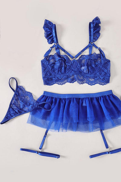 Royal Blue Lace Ruffle Strappy Tulle Garter Belt Thong 5Pc Sexy Lingerie Set