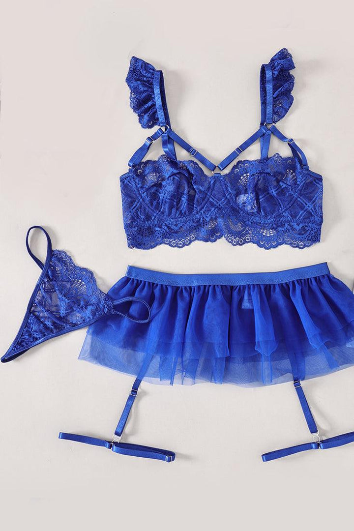 完売品 ローブドフルールBeach Lingerie blue S Royal Blue Lace Ruffle Strappy Tulle Garter Belt Thong 5Pc