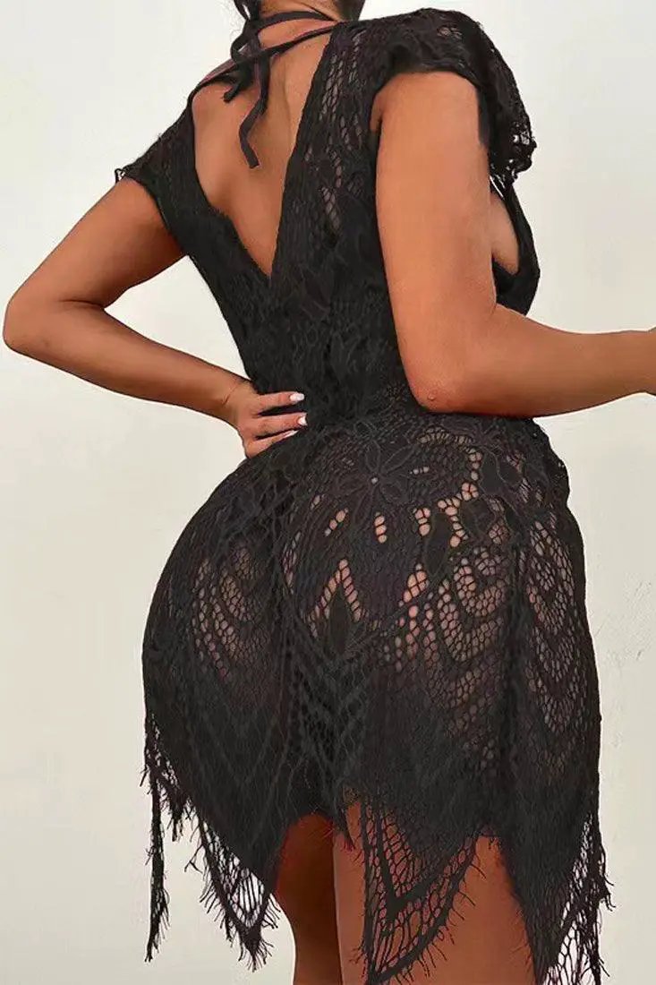 Black Lace Strappy Halter Cut Out 3 Pc Lingerie Set SF003