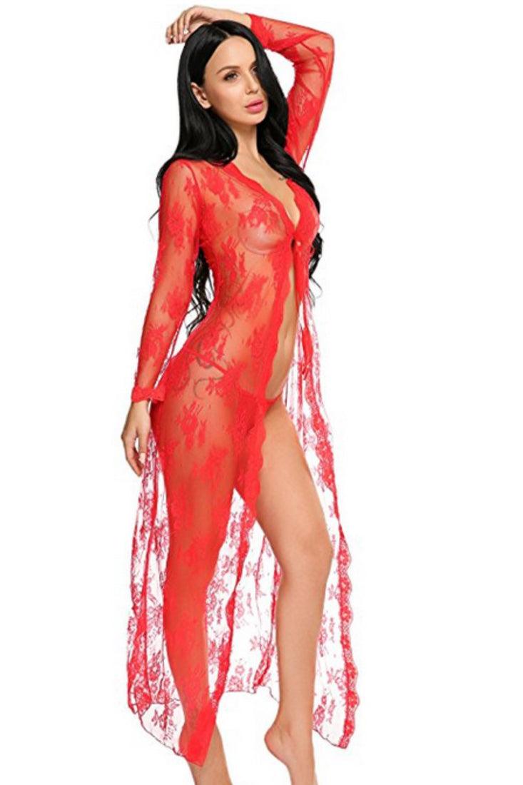 Red Lace Floor Length 2Pc Robe Thong Sexy Lingerie - AMIClubwear