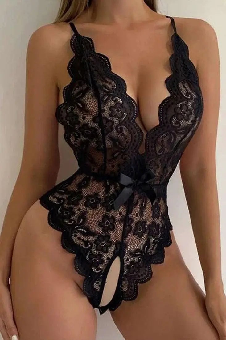 Black Lace Deep V Crotchless Thong Sexy Lingerie Bodysuit