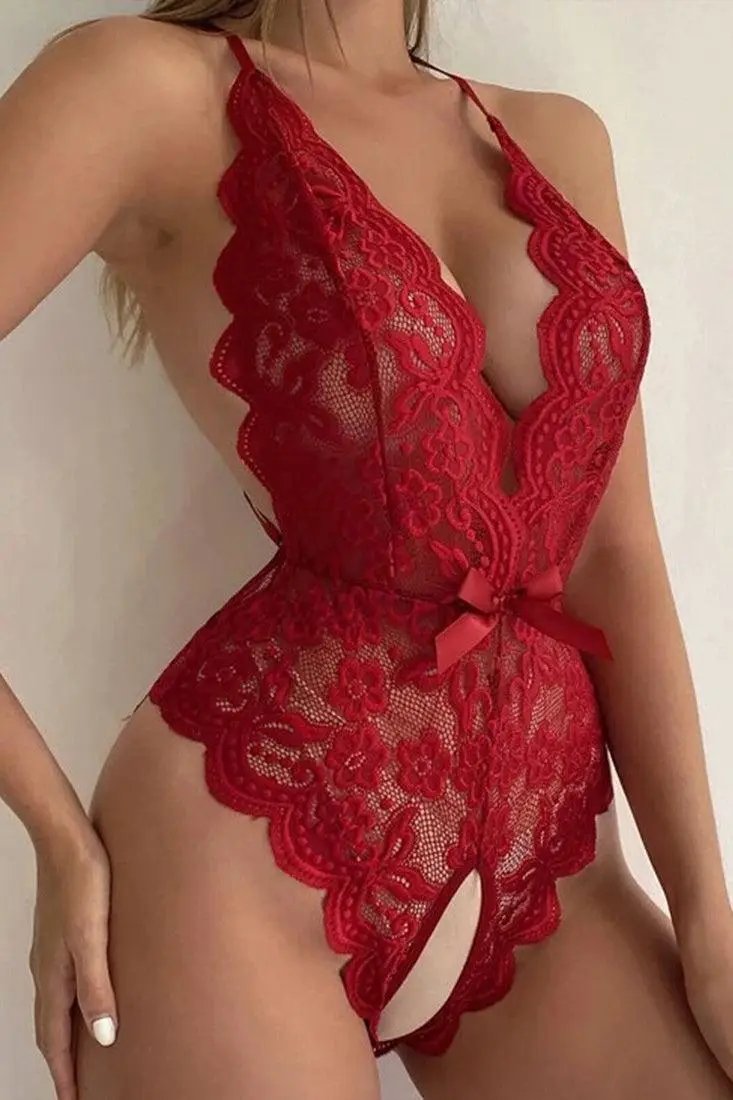 Wine Lace Deep V Crotchless Thong Sexy Lingerie Bodysuit