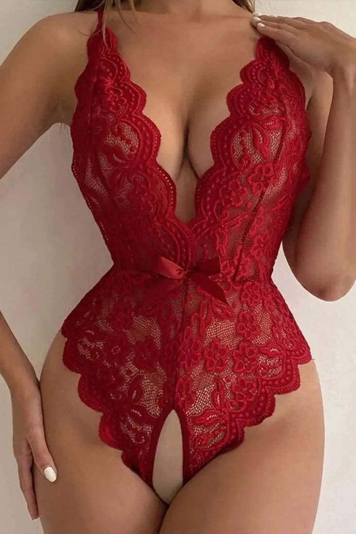 Wine Lace Deep V Crotchless Thong Sexy Lingerie Bodysuit