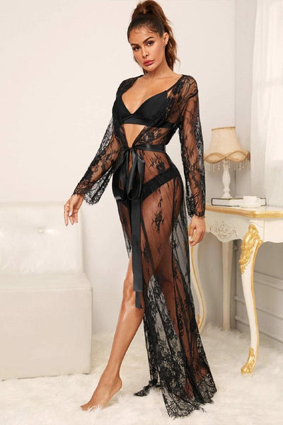 Black Lace Floor Length Long Sleeves Sexy Lingerie Belted Robe - AMIClubwear