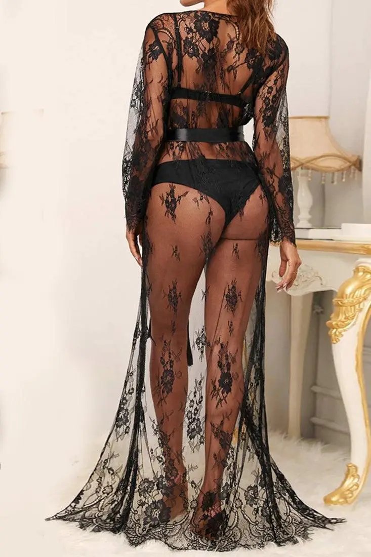 Black Lace Floor Length Long Sleeves Sexy Lingerie Belted Robe  AMIClubwear