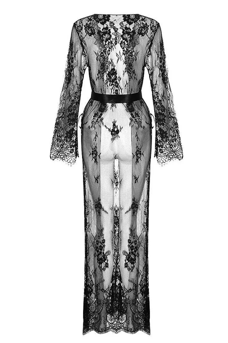 Black Lace Floor Length Long Sleeves Sexy Lingerie Belted Robe  AMIClubwear