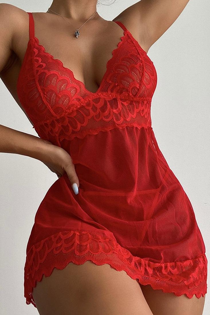 Red Lace Mesh Sheer Spaghetti Straps Teddy Slip Sexy Lingerie - AMIClubwear