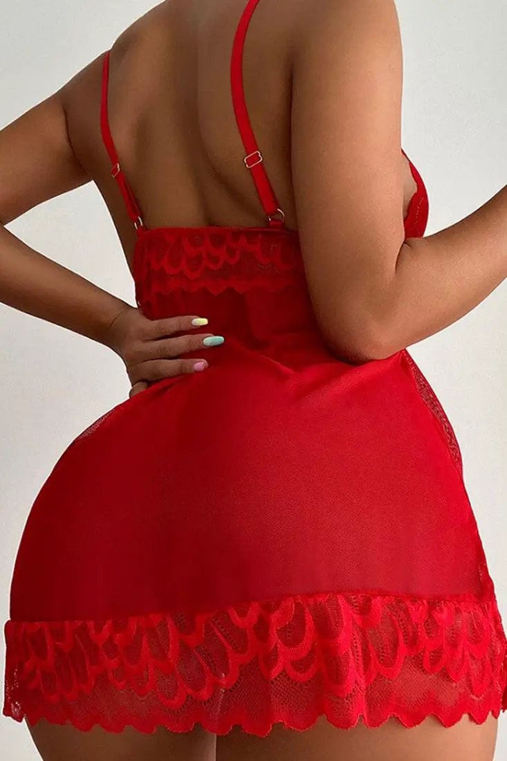 Red Lace Mesh Sheer Spaghetti Straps Teddy Slip Sexy Lingerie