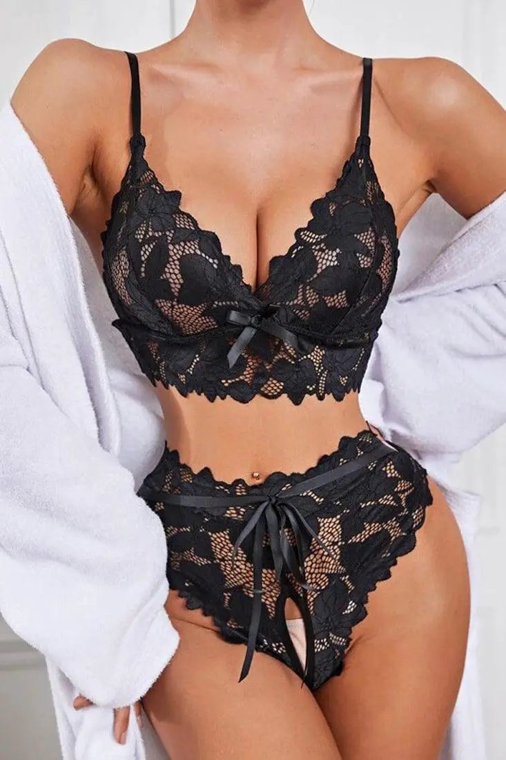 Black Lace Top Crotchless Shorts 2Pc Sexy Lingerie Set