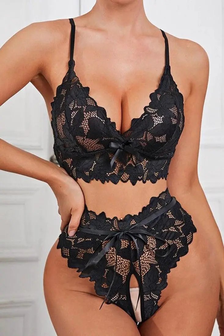Black Lace Top Crotchless Shorts 2Pc Sexy Lingerie Set