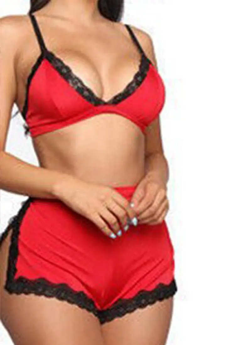 Red Lace Trim 3Pc Pajamas Sexy Lingerie Sleep Set