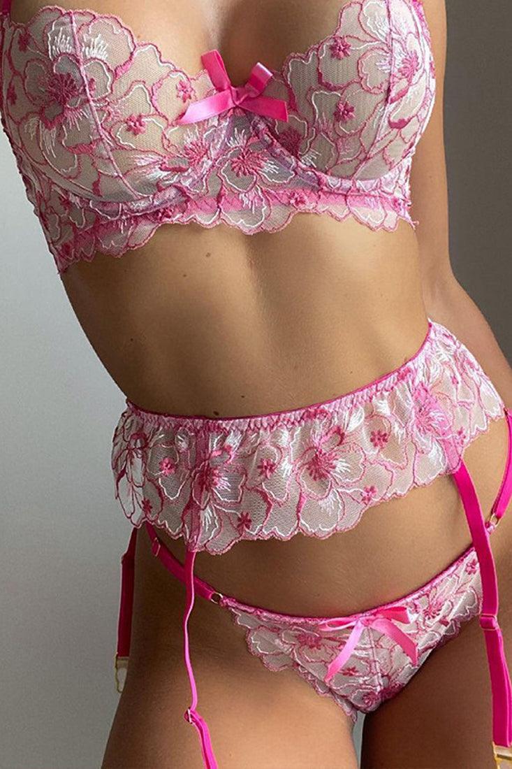 Pink Flower Embroider Mesh Bra Thong Garter Sexy 3Pc Lingerie Set - AMIClubwear