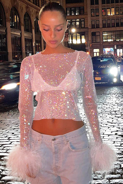 White Netted Sparkly Feather Sleeves Sexy Top