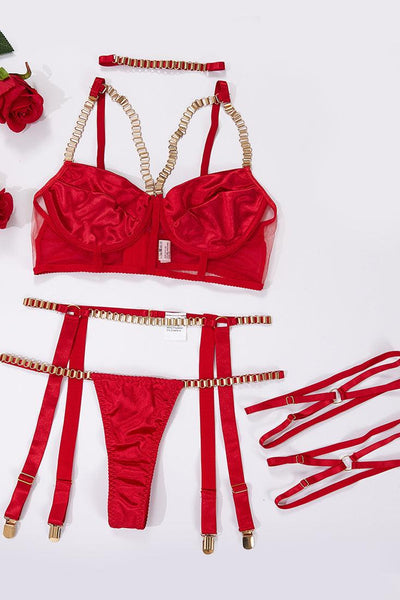 Red Satin Gold Chain Bustier Thong Garter Belt Choker 6Pc Sexy Lingerie Set - AMIClubwear