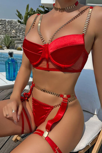 Red Satin Gold Chain Bustier Thong Garter Belt Choker 6Pc Sexy Lingerie Set