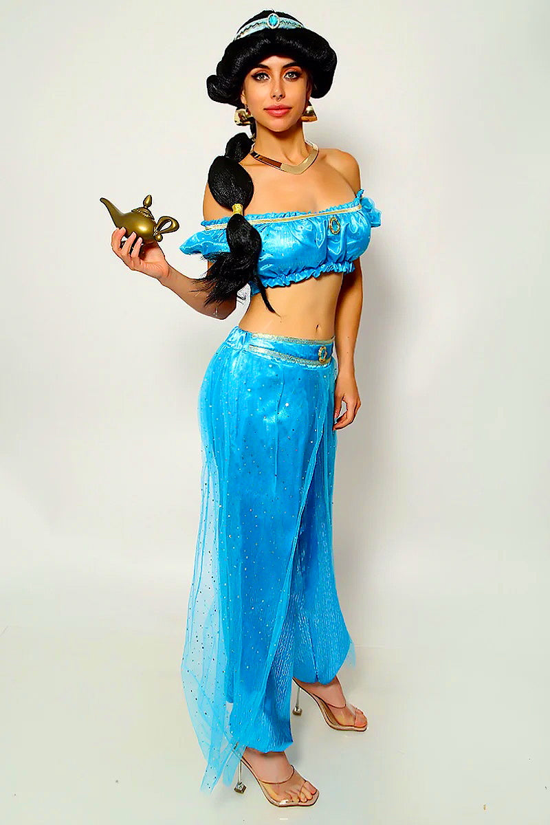 Blue Mesh Glitter Gold Off Shoulder Sexy Princess Jas Costume
