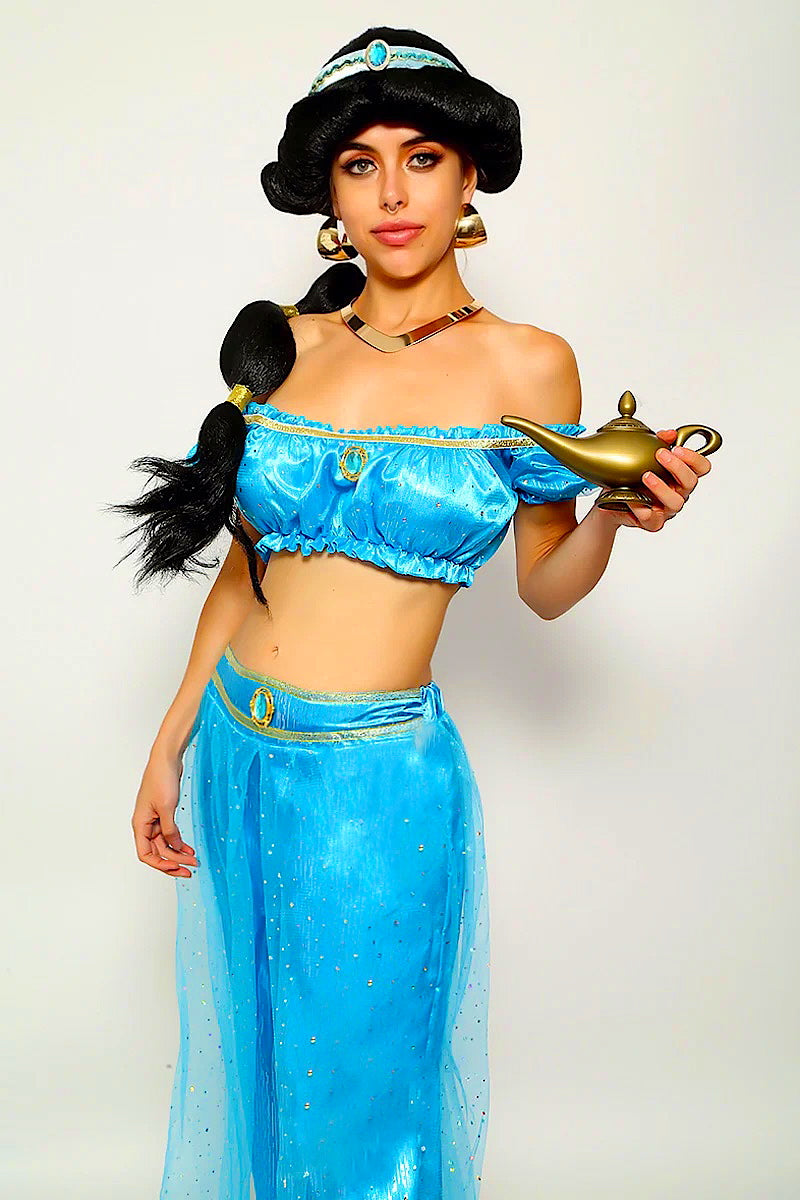 Blue Mesh Glitter Gold Off Shoulder Sexy Princess Jas Costume