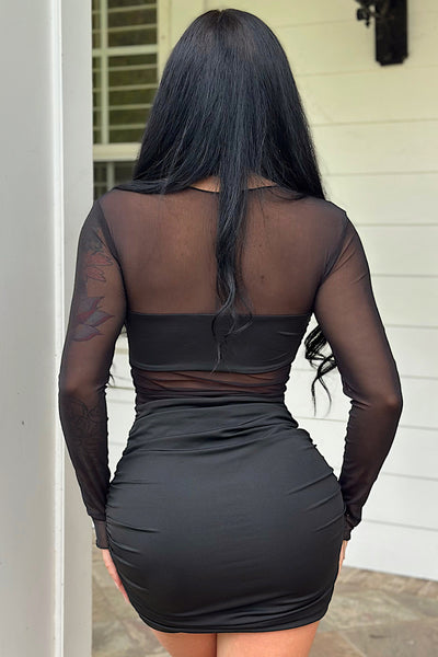 Black Long Sleeve Mesh Ruched Cut-Out Sexy Mini Party Dress