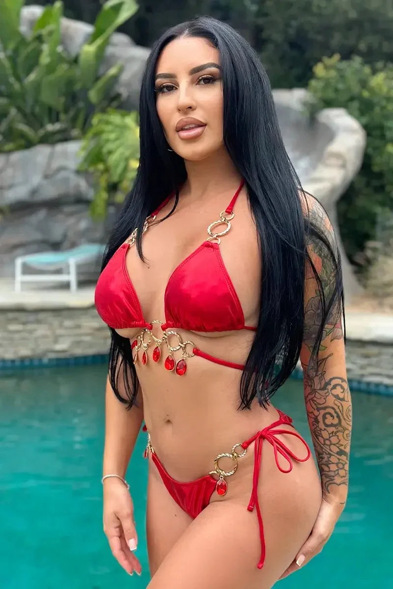 Red Metallic Strappy Dangling Rhinestone Ruched Back Sexy 2Pc Swimsuit ...