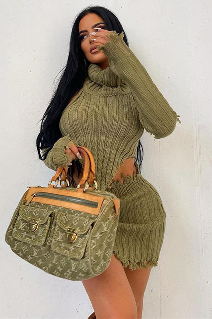 Olive Chunky Knit 4Pc Sweater Sleeves Skirt Dress Set - AMIClubwear