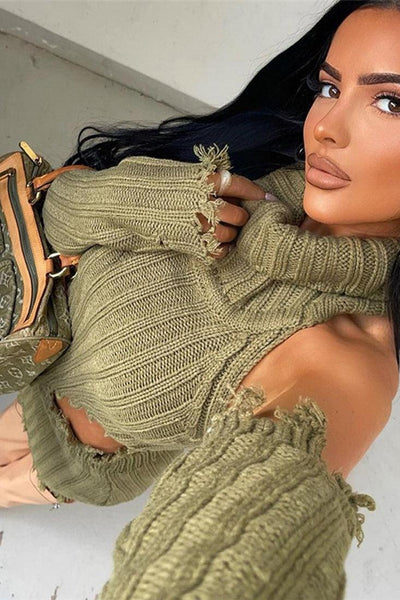 Olive Chunky Knit 4Pc Sweater Sleeves Skirt Dress Set - AMIClubwear