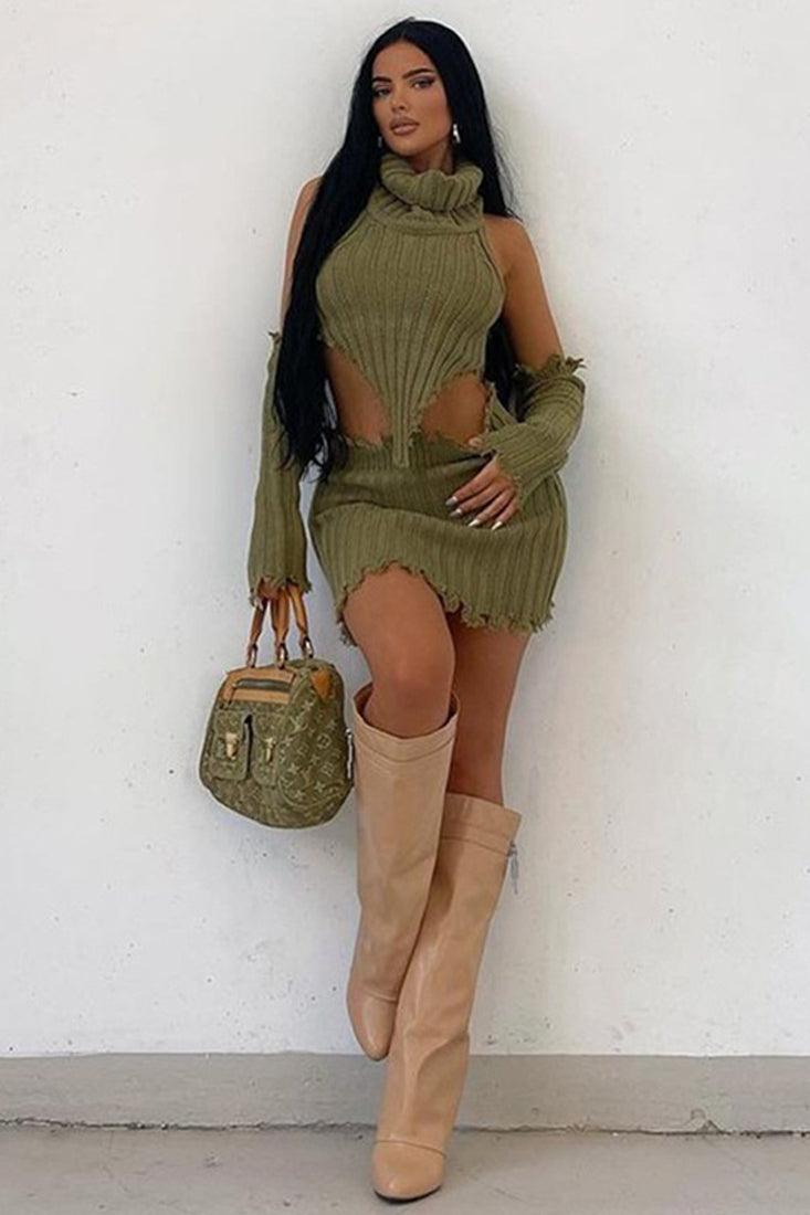 Olive Chunky Knit 4Pc Sweater Sleeves Skirt Dress Set - AMIClubwear