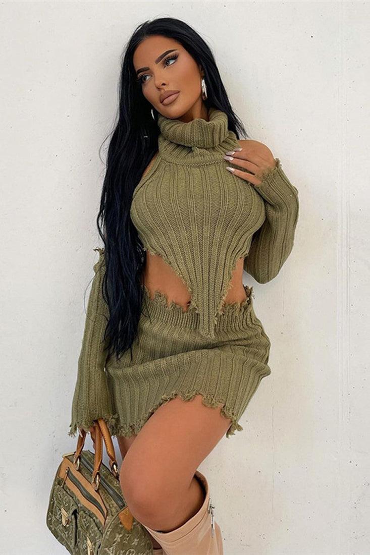 Olive Chunky Knit 4Pc Sweater Sleeves Skirt Dress Set - AMIClubwear