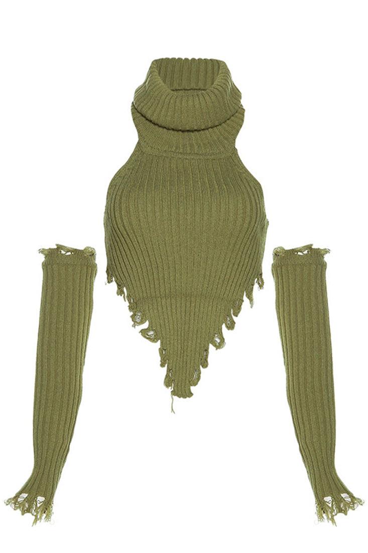 Olive Chunky Knit 4Pc Sweater Sleeves Skirt Dress Set - AMIClubwear