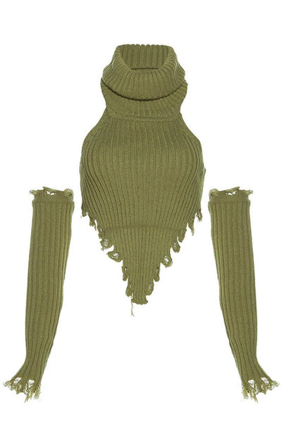 Olive Chunky Knit 4Pc Sweater Sleeves Skirt Dress Set - AMIClubwear