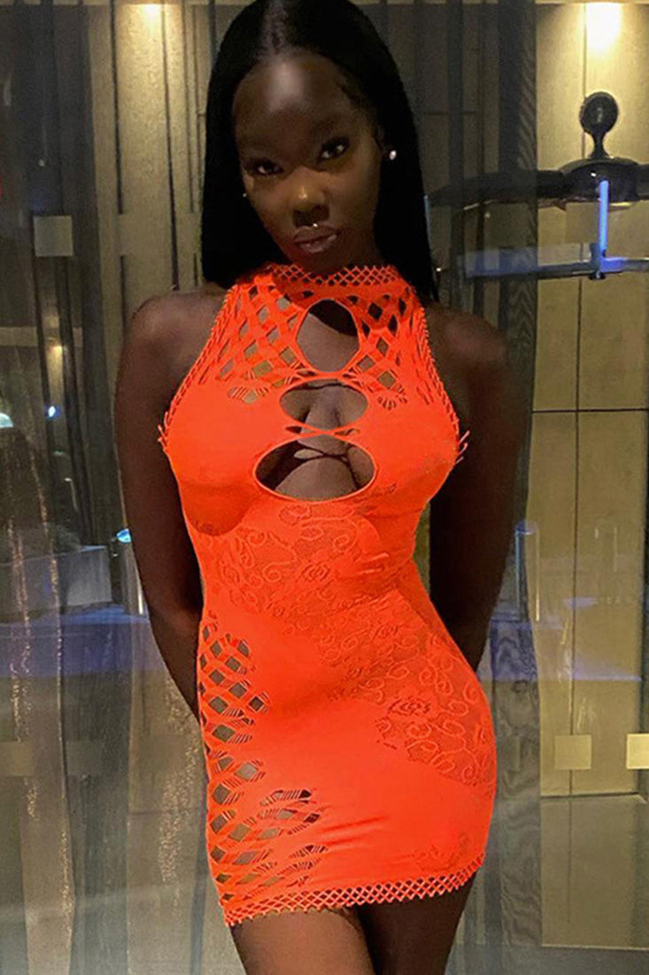 Orange Sleeveless Stretchy Netted Sexy Fitted Dress