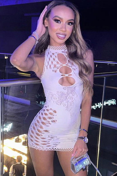 White Sleeveless Stretchy Netted Sexy Fitted Dress