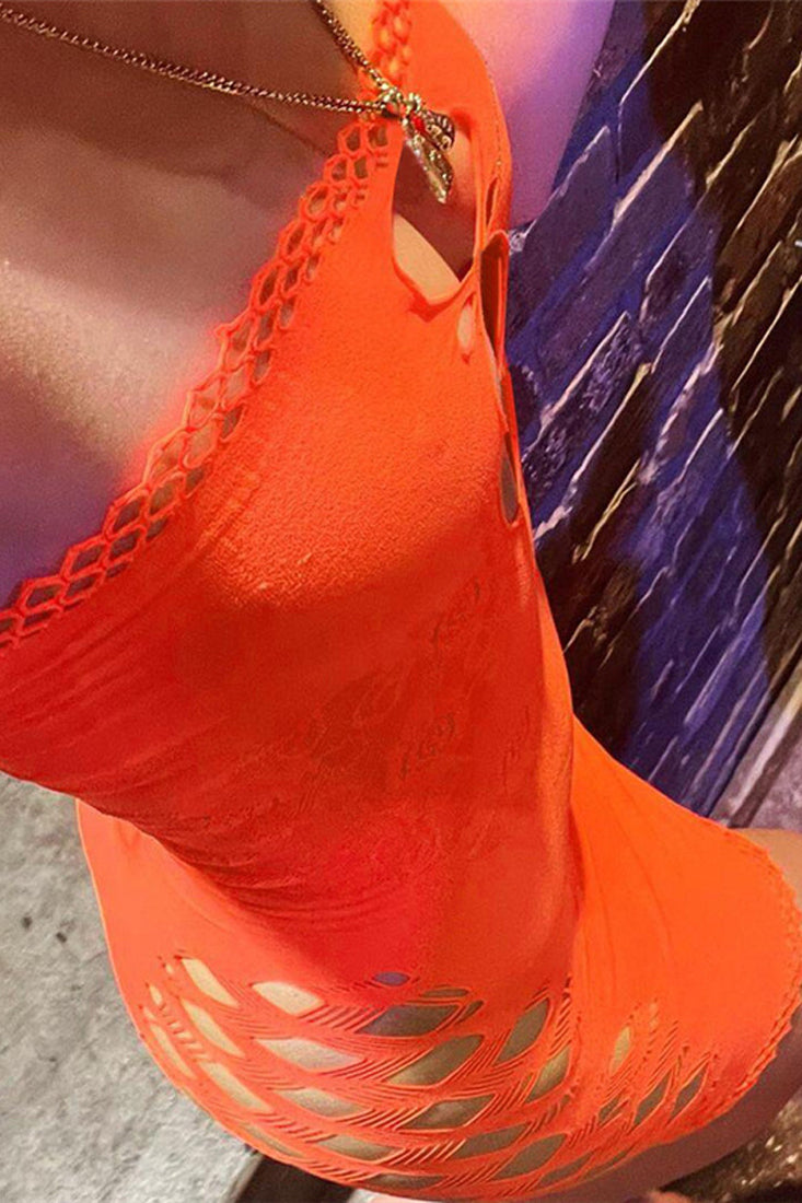 Orange Strapless Stretchy Netted Sexy Dress