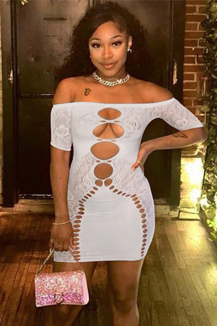 White Flower Mesh Netted Stretchy Cut Out Dress