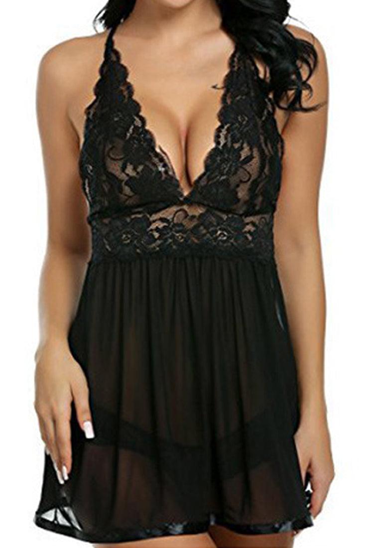 Black Lace Mesh Teddy Babydoll Underwear 2Pc Lingerie Set - AMIClubwear