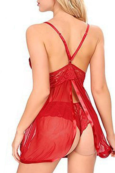 Red Lace Mesh Teddy Babydoll Underwear 2Pc Lingerie Set - AMIClubwear