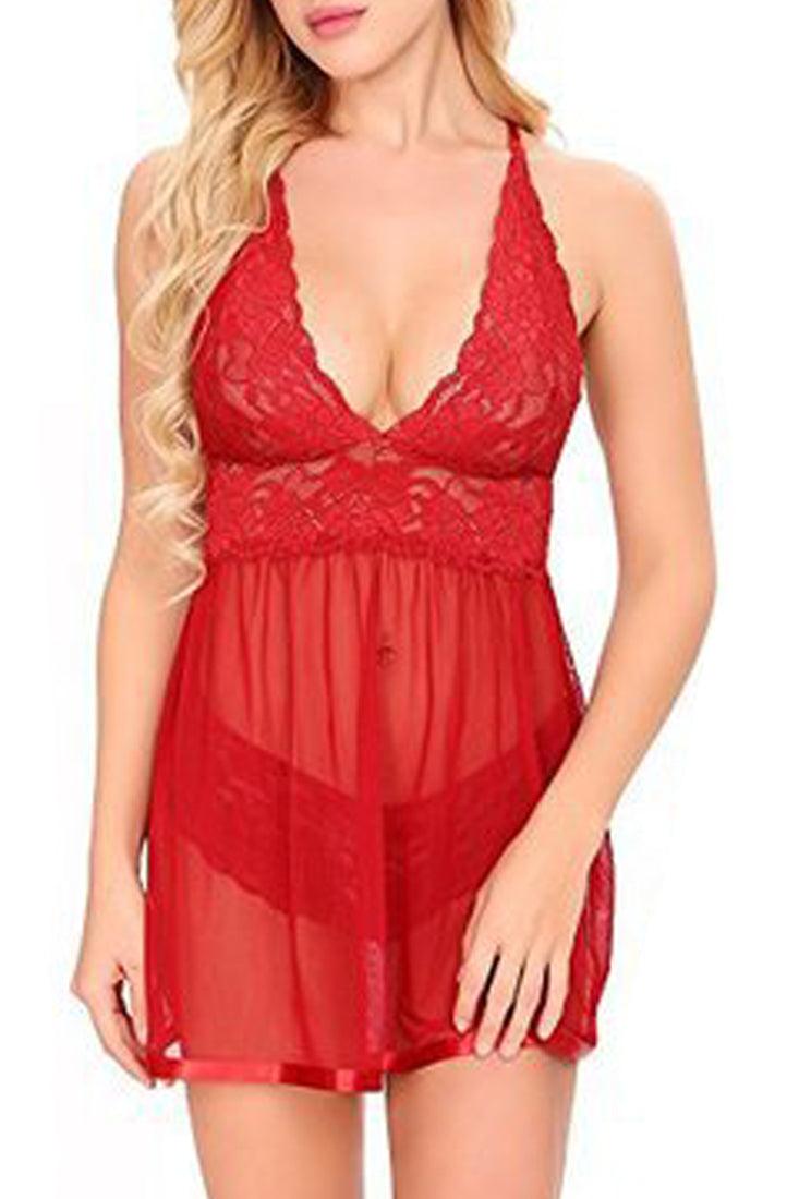 Red Lace Mesh Teddy Babydoll Underwear 2Pc Lingerie Set - AMIClubwear