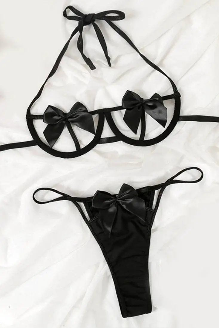 Black Cage Wired Bow Strappy 2Pc Thong Sexy Lingerie Set