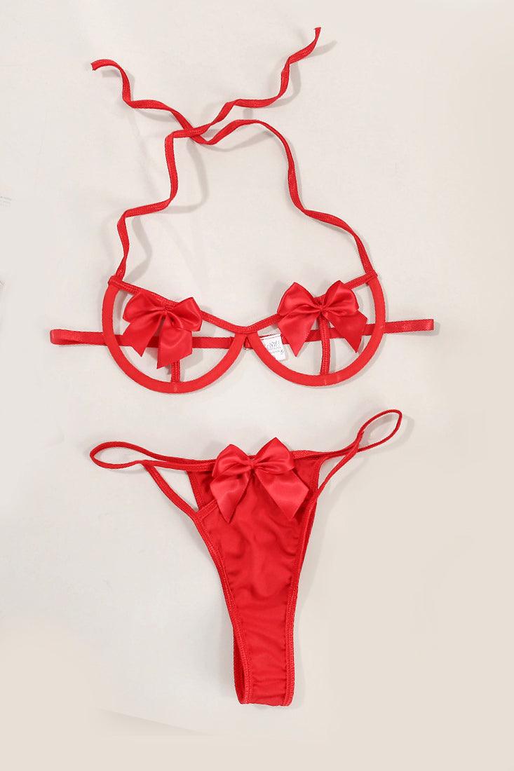 Red Cage Wired Bow Strappy 2Pc Thong Sexy Lingerie Set - AMIClubwear
